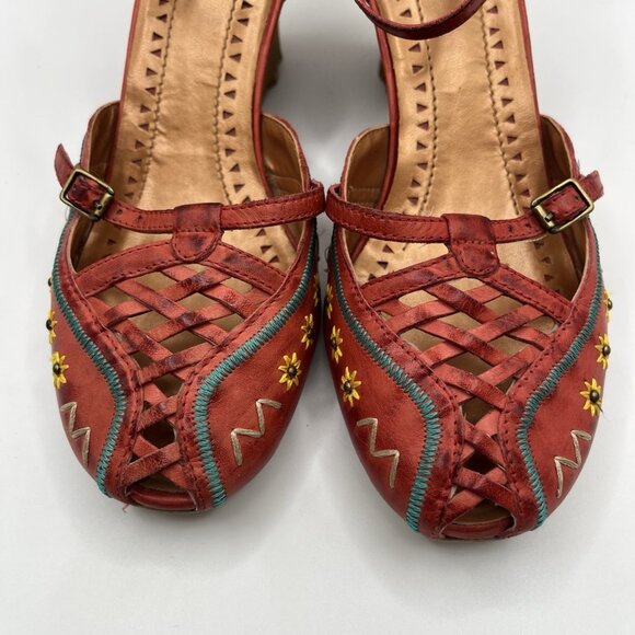 Bronx Women’s Red Leather Wedge Sandals Size 37 EU, US 6.5-7 Embroidered Brazil - Picture 12 of 13